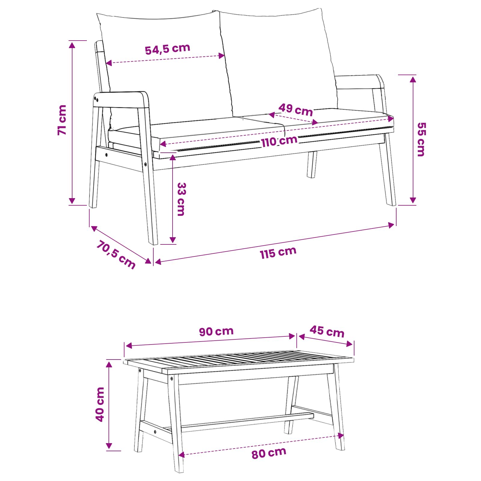 vidaXL Zestaw bistro z poduszką 3 pcs Brązowy Lite Drewno Akacji