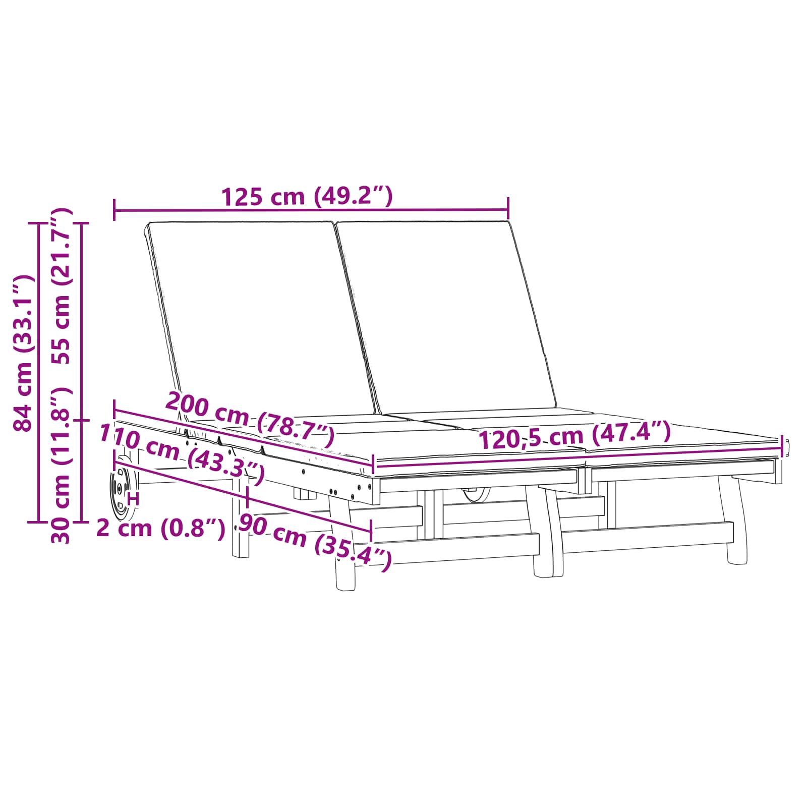 vidaXL Leżak Brązowy 125 x 200 x 84 cm Lite Drewno Akacji