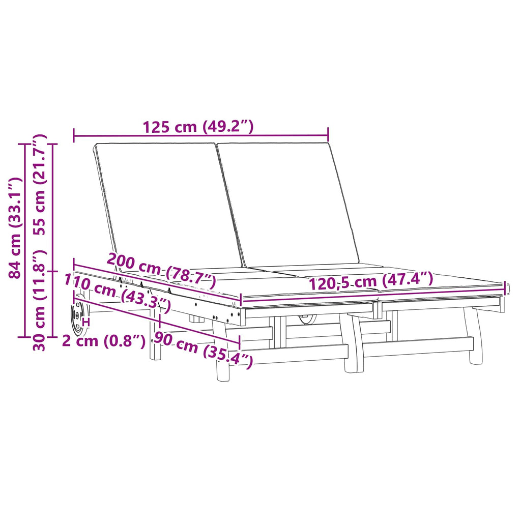 vidaXL Leżak Brązowy 125 x 200 x 84 cm Lite Drewno Akacji