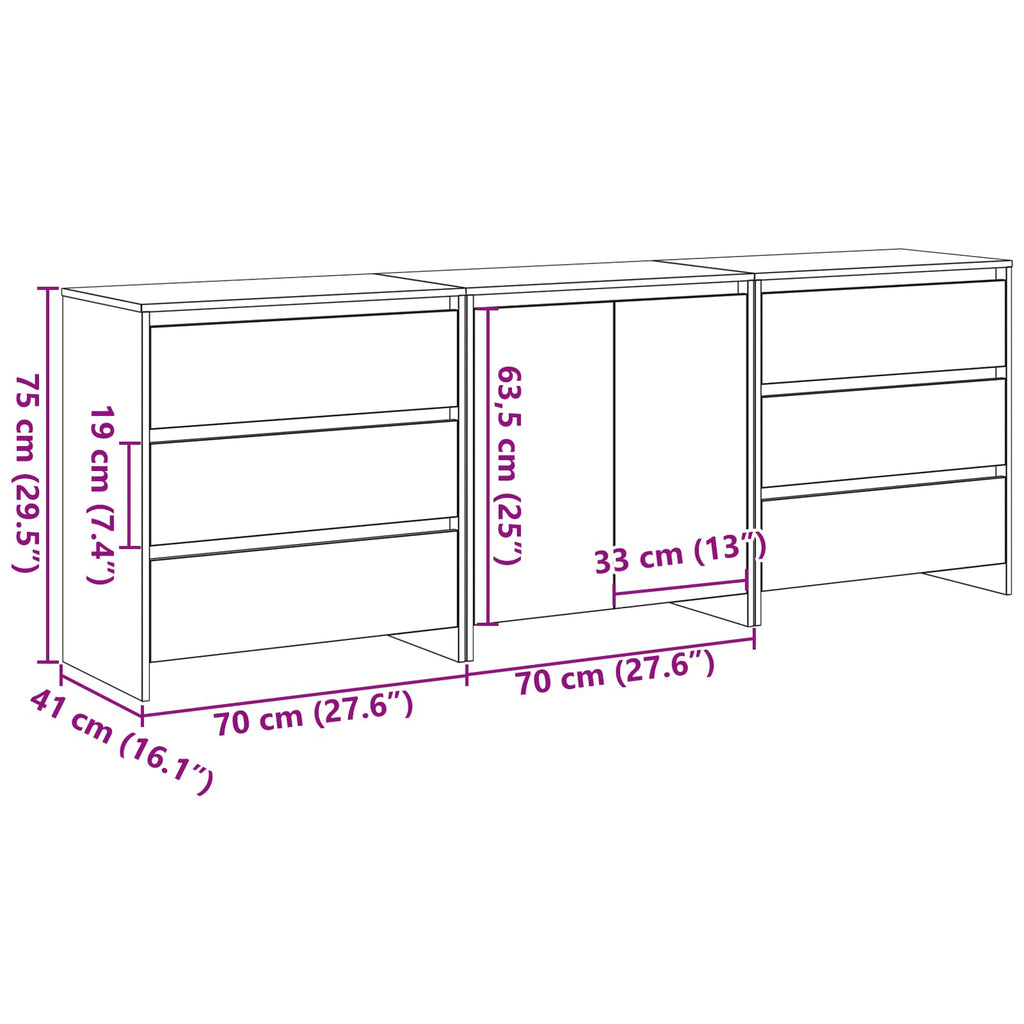 vidaXL Bufet 3 pcs Czarny 70 x 41 x 75 cm Materiał drewnopochodny
