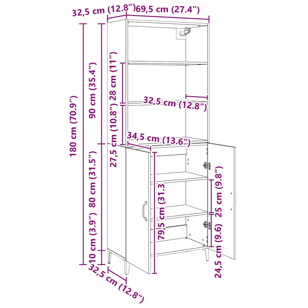 vidaXL Highboard Czarny Dąb 69,5 x 32,5 x 180 cm