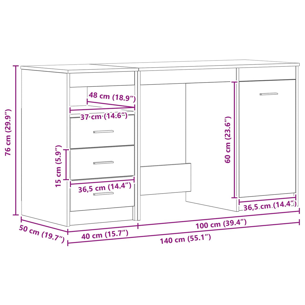 vidaXL Biurko z szufladą z półką 2 pcs Czarny Dąb 140 x 50 x 76 cm