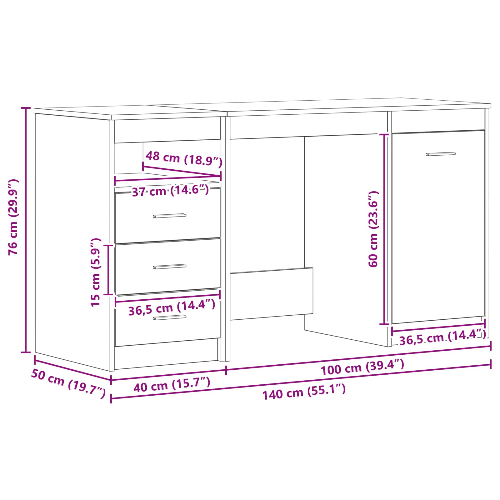 vidaXL Biurko z szufladą z półką 2 pcs Czarny Dąb 140 x 50 x 76 cm