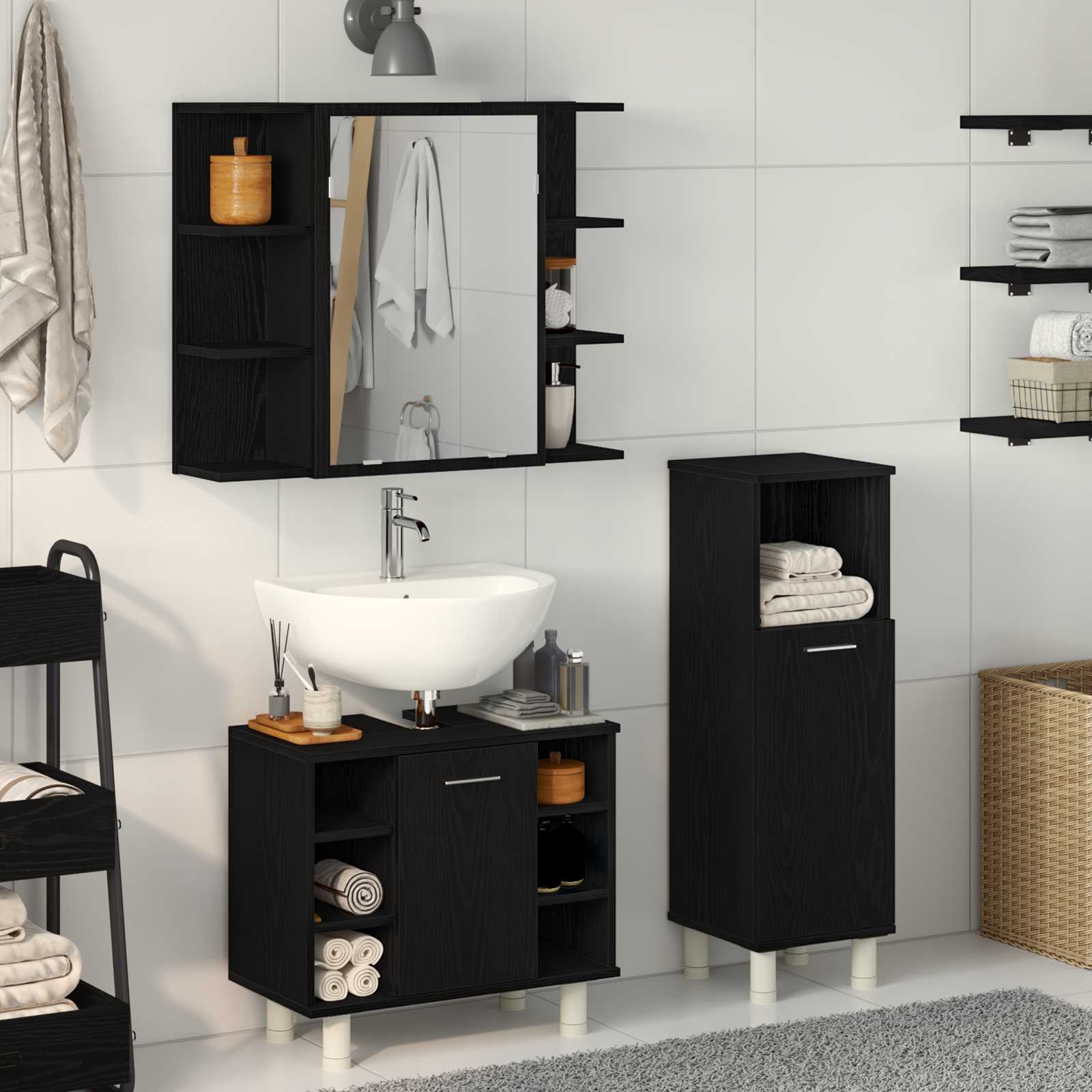 vidaXL Zestaw mebli łazienkowych 3 pcs Czarny 30 x 30 x 99,5 cm