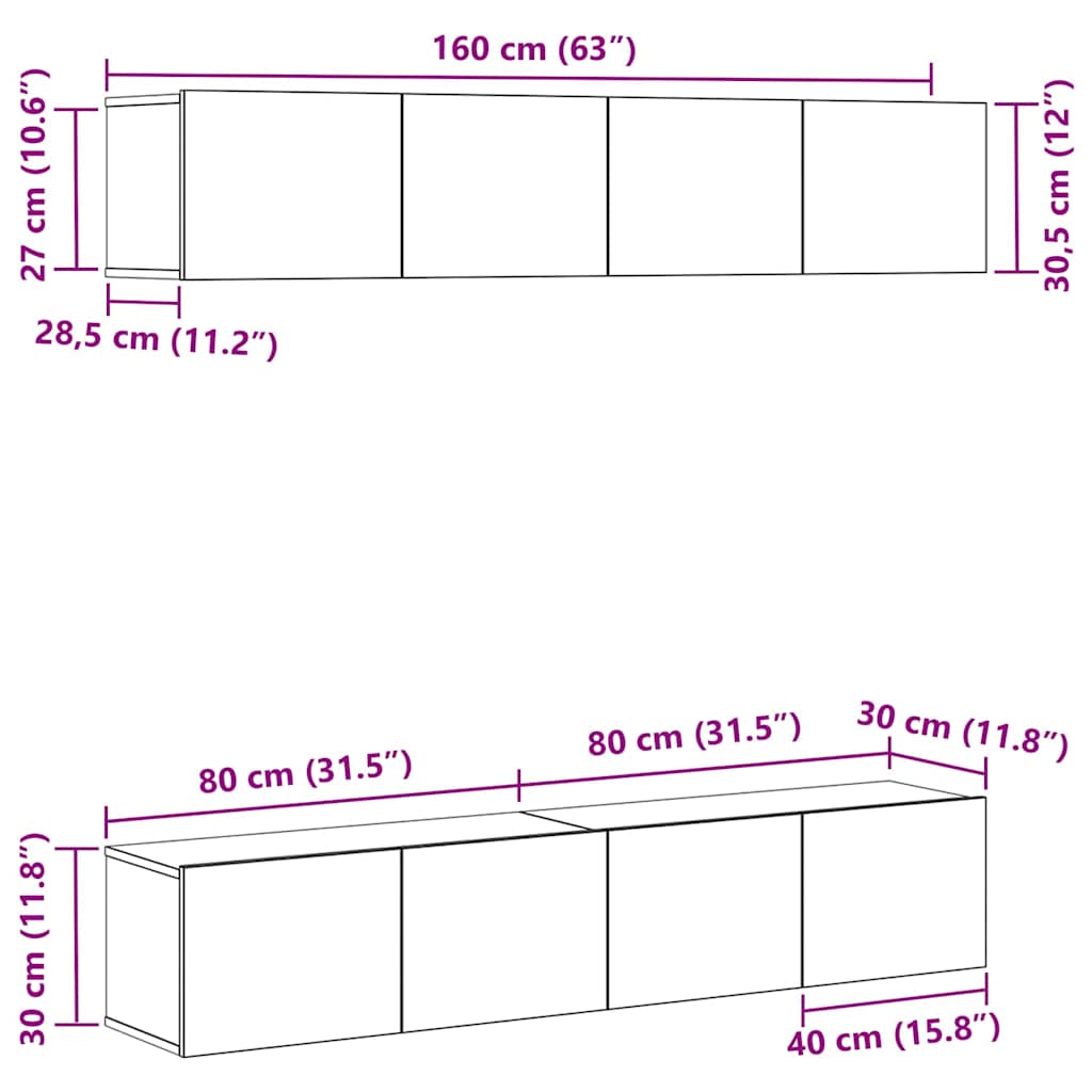 vidaXL Zestaw szafek RTV 4 pcs Czarny Dąb 80 x 30 x 30 cm