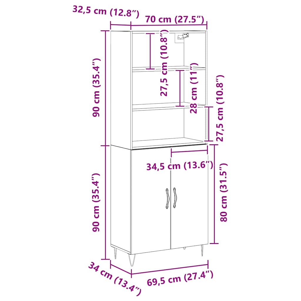 vidaXL Highboard 2 pcs Czarny Dąb Materiał drewnopochodny