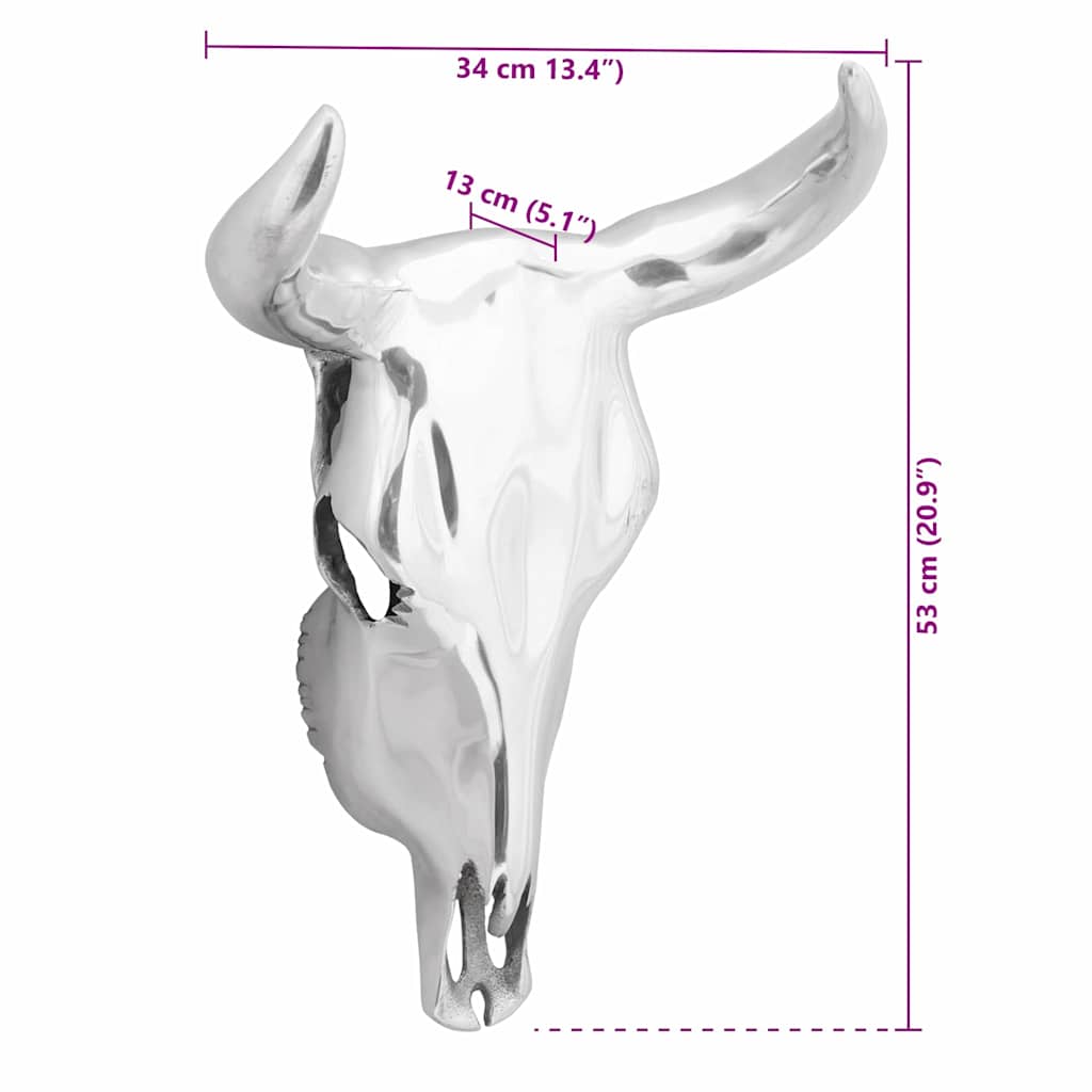 vidaXL Czaszka byka Srebrny 34 x 13 x 53 cm Aluminium