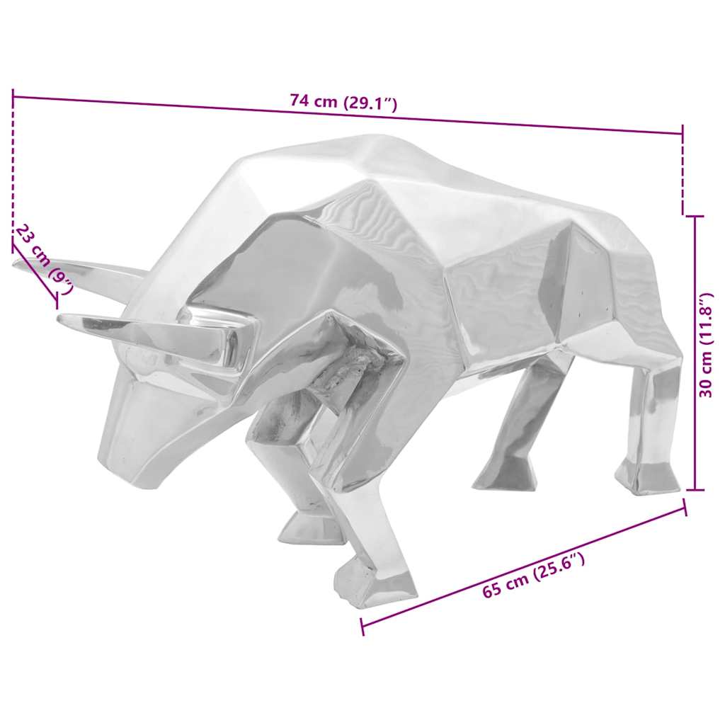 vidaXL Rzeźba byka Srebrny 74 x 23 x 30 cm Aluminium