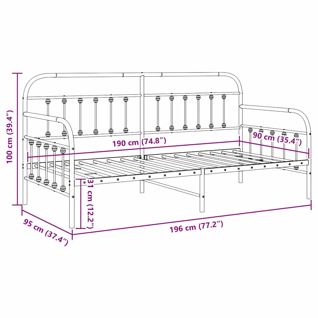 vidaXL Rama łóżka dziennego Czarny 90 x 190 cm Stal malowana proszkowo