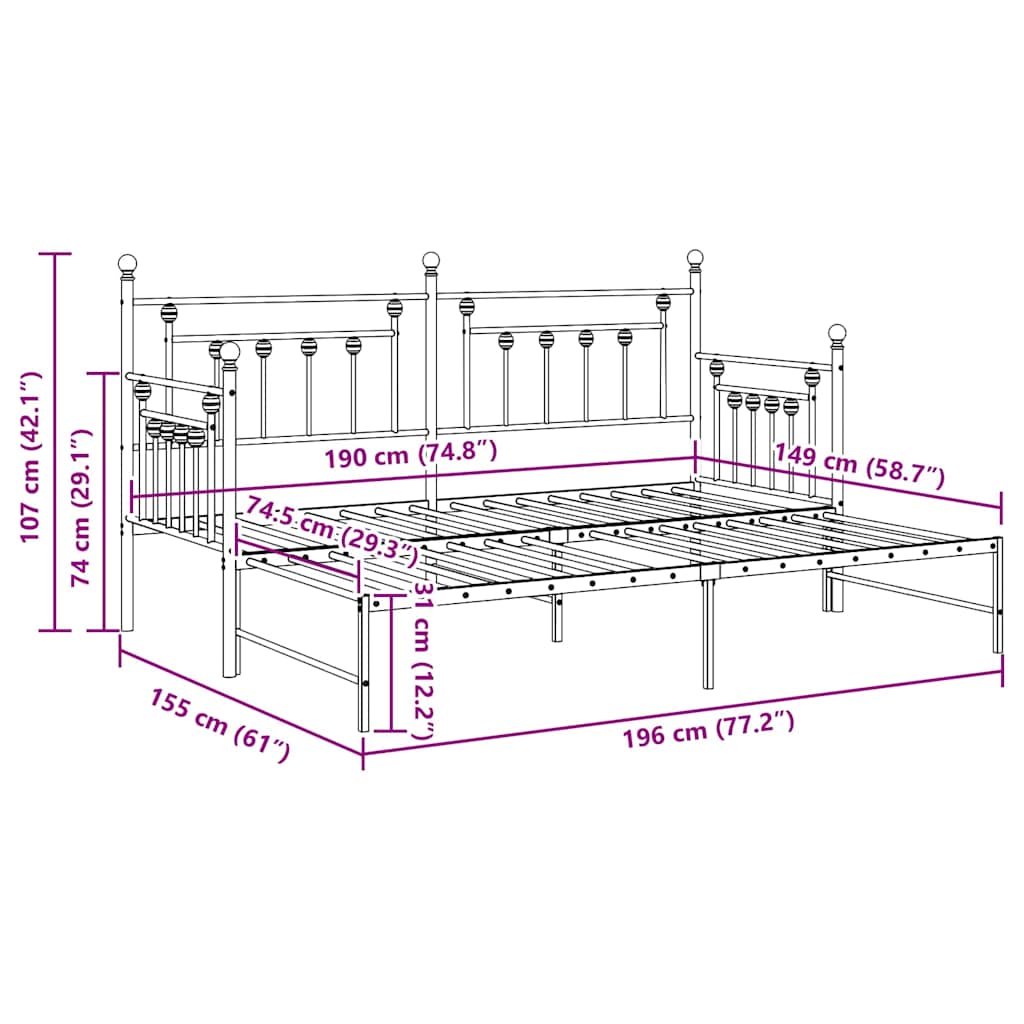 vidaXL Rama łóżka dziennego Czarny 75 x 190 cm Stal