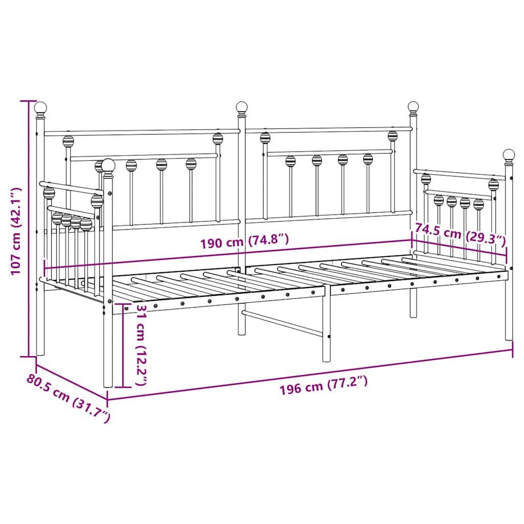 vidaXL Rama łóżka dziennego Biały 75 x 190 cm Stal