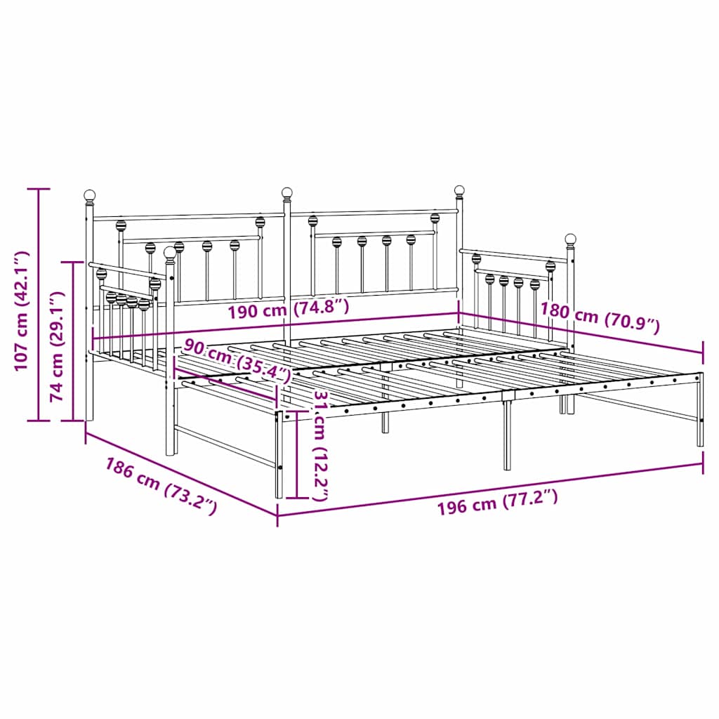 vidaXL Rama łóżka dziennego Biały 90 x 190 cm Stal