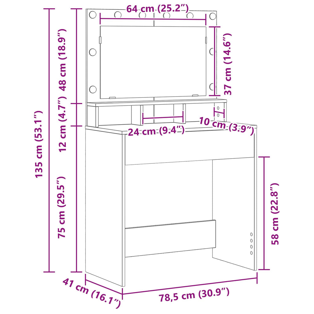 vidaXL Toaletka z półką Z lustrem Szary Sonoma 78,5 x 41 x 135 cm