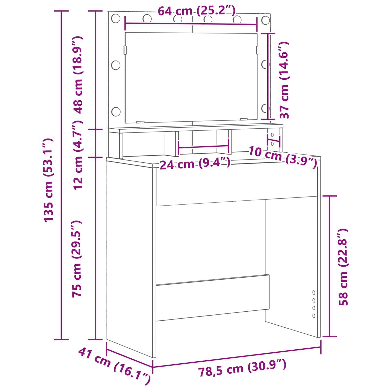 vidaXL Toaletka z półką Z lustrem Szary Sonoma 78,5 x 41 x 135 cm