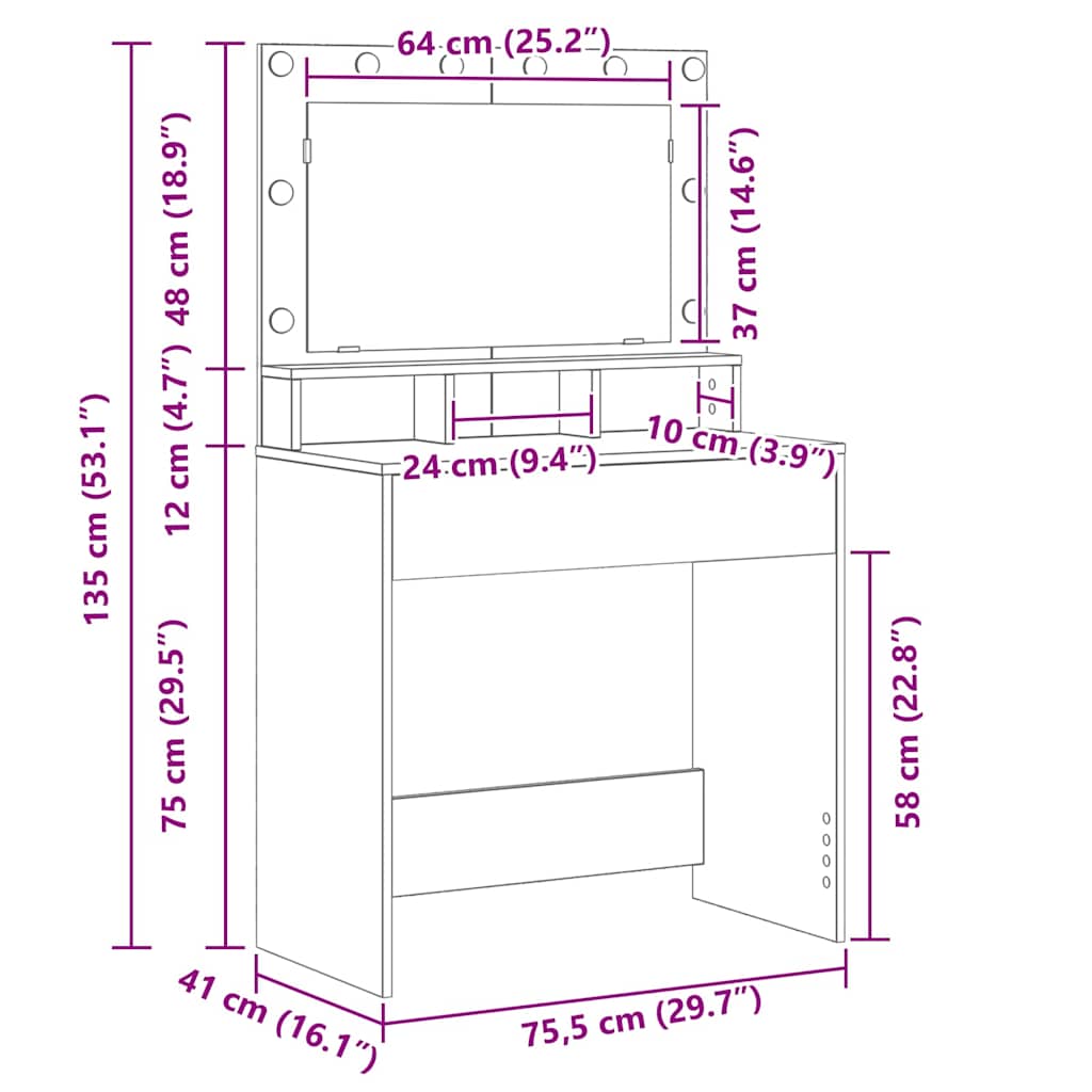 vidaXL Toaletka z półką Z lustrem Stare drewno 75,5 x 41 x 135 cm