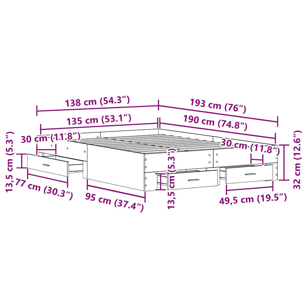 vidaXL Ramka łóżka Czarny Dąb 135 x 190 cm Materiał drewnopochodny