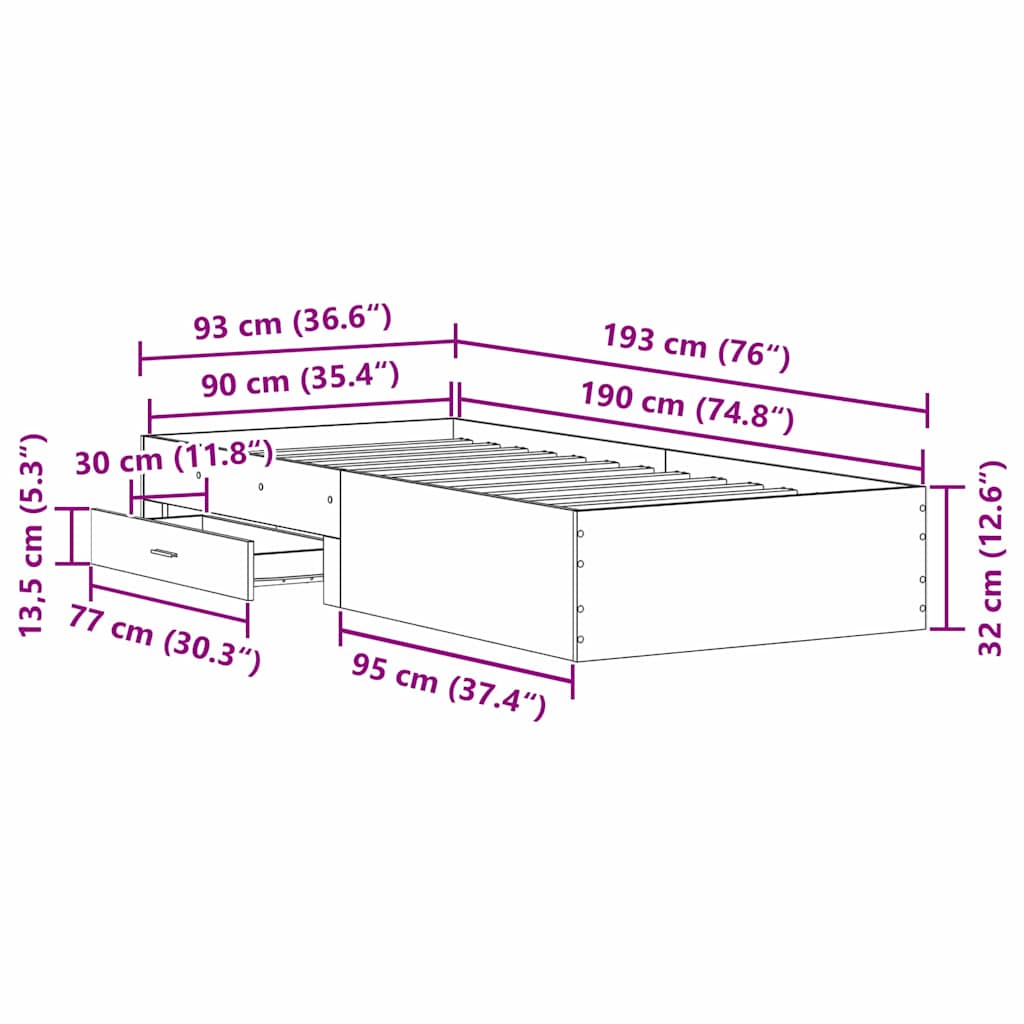 vidaXL Ramka łóżka Czarny Dąb 90 x 190 cm Materiał drewnopochodny
