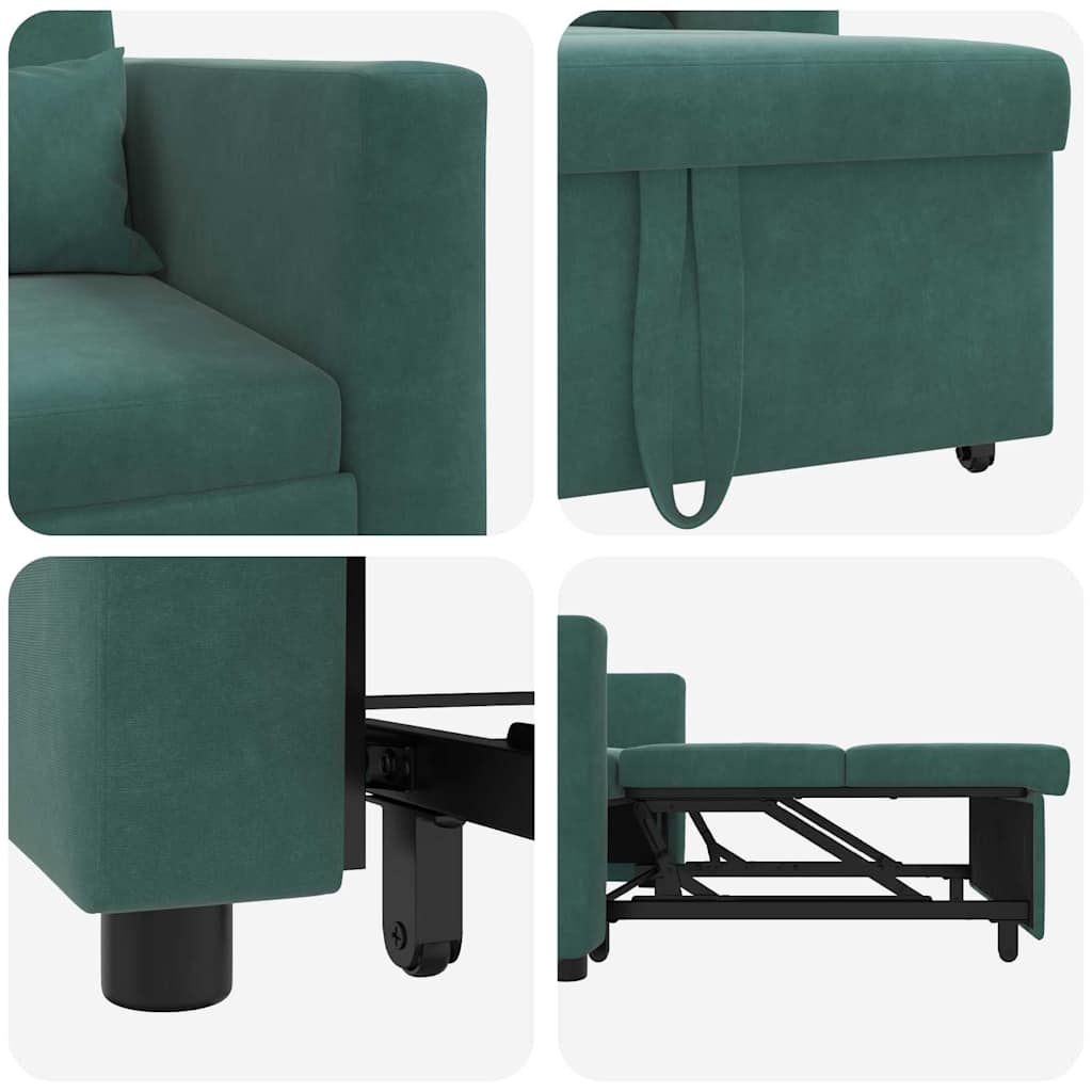 vidaXL Rozkładana sofa jednoosobowa z kółkami Ciemnozielony Aksamit