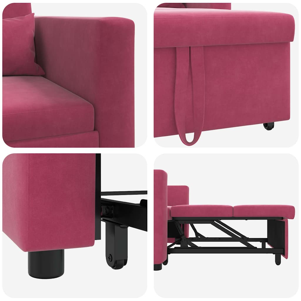 vidaXL Rozkładana sofa jednoosobowa z kółkami czerwone wino Aksamit