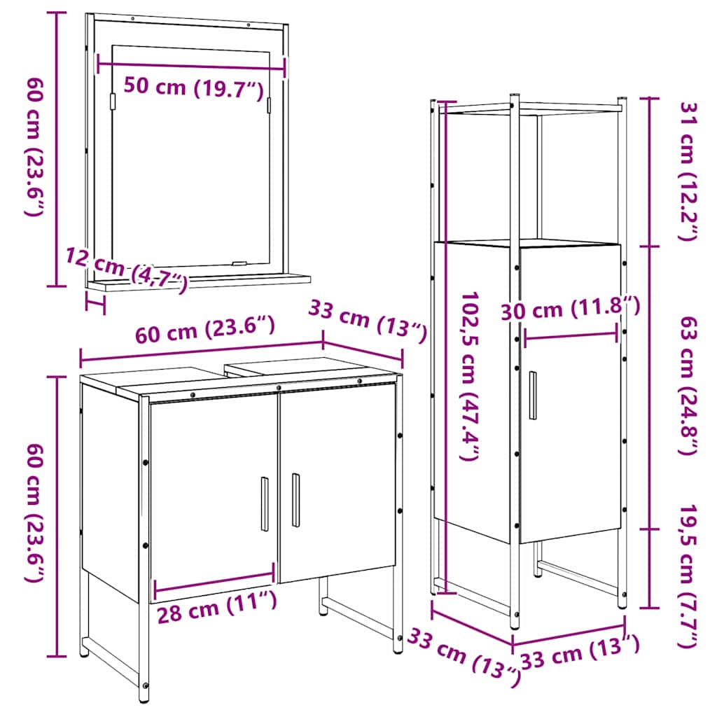 vidaXL Zestaw mebli łazienkowych 3 pcs Brązowy Materiał drewnopochodny