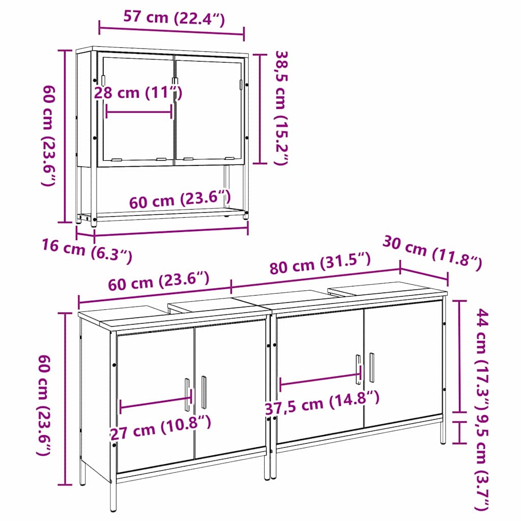 vidaXL Zestaw mebli łazienkowych 3 pcs Brązowy Materiał drewnopochodny