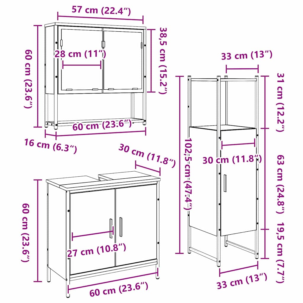 vidaXL Zestaw mebli łazienkowych 3 pcs Brązowy Materiał drewnopochodny