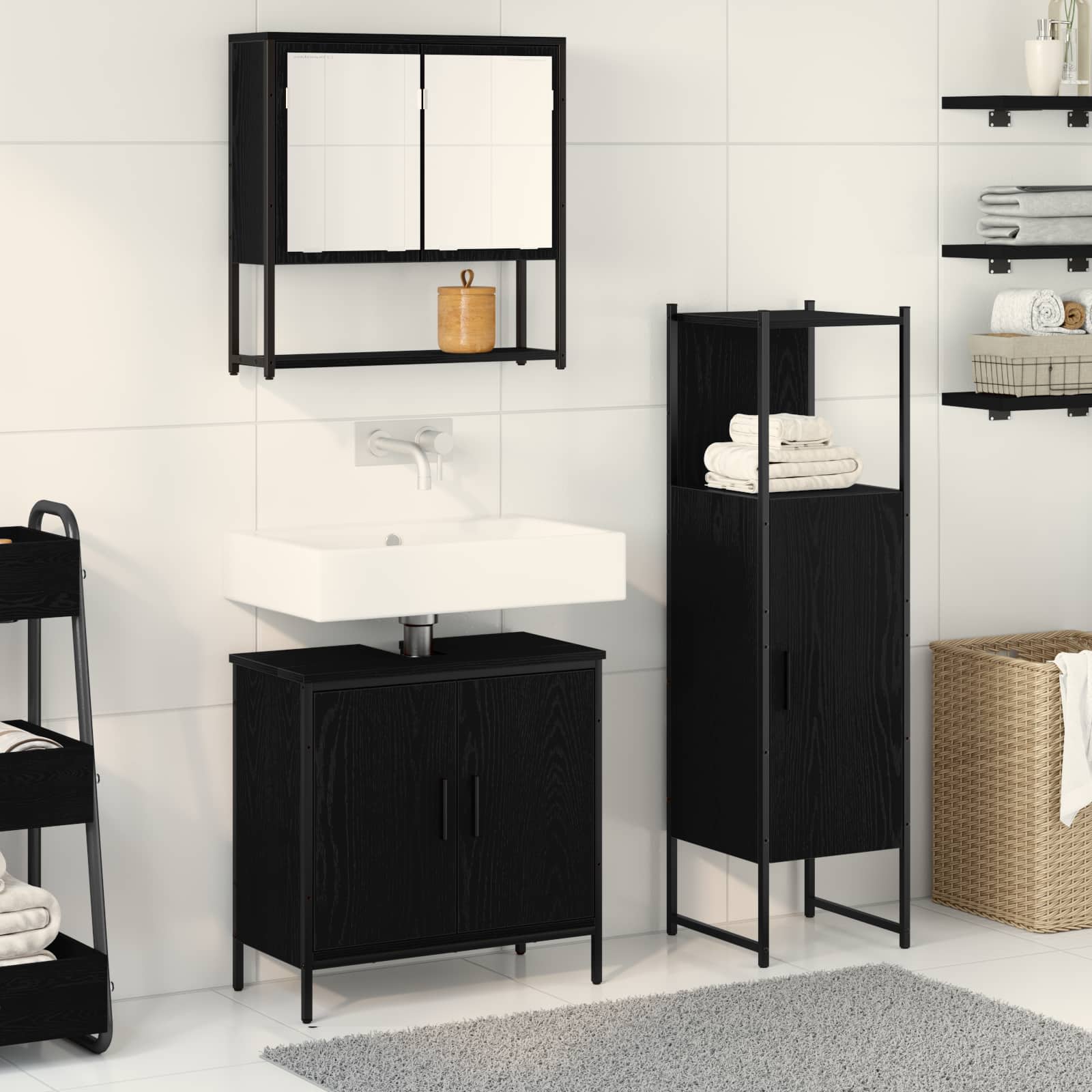 vidaXL Zestaw mebli łazienkowych 3 pcs Czarny Materiał drewnopochodny