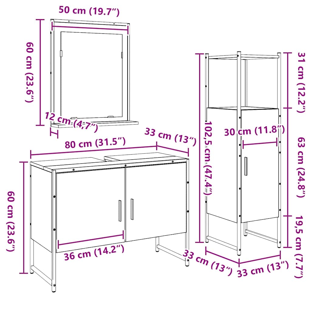 vidaXL Zestaw mebli łazienkowych 3 pcs Brązowy Materiał drewnopochodny