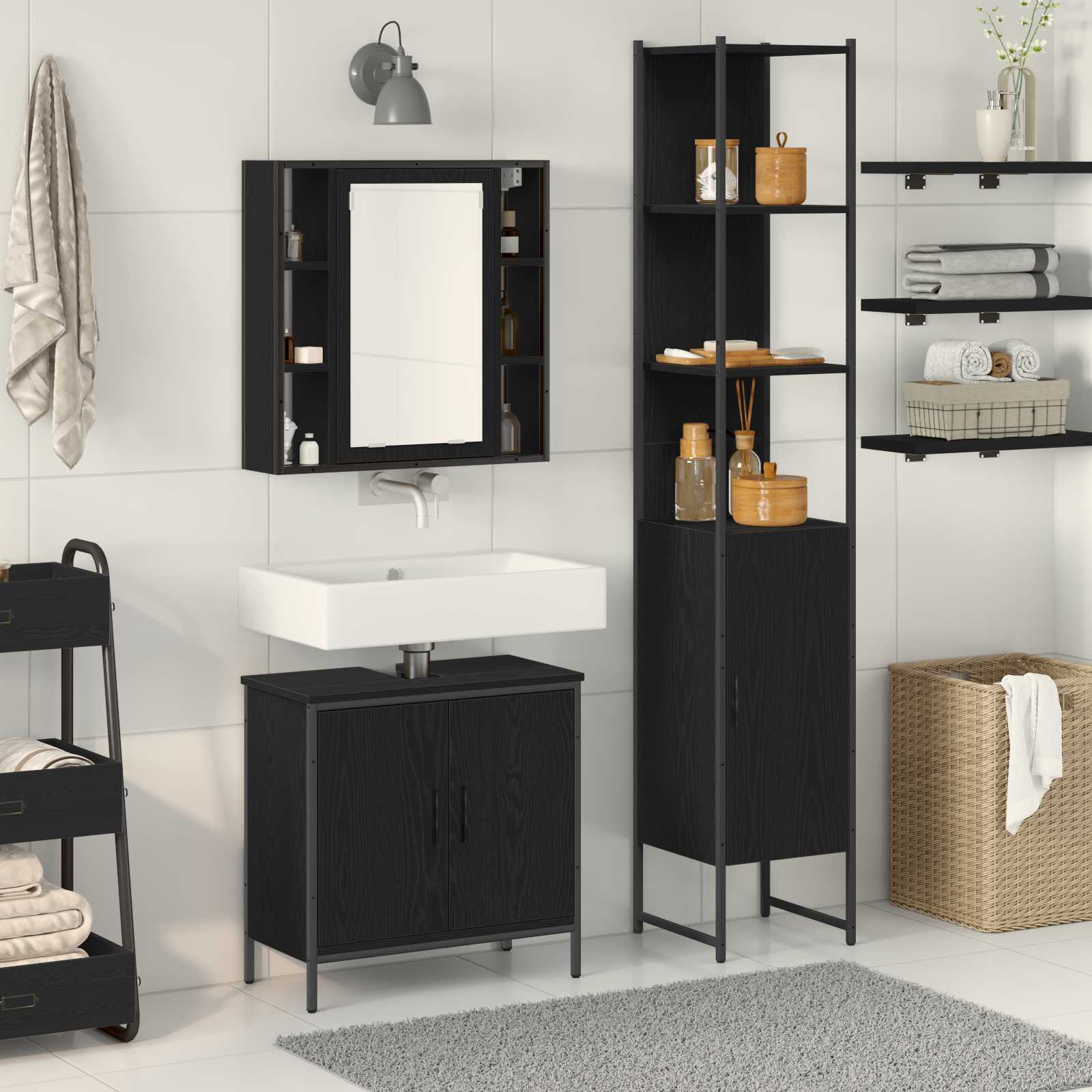 vidaXL Jednostki Umywalkowe do Łazienki z półką Z lustrem 3 pcs Czarny