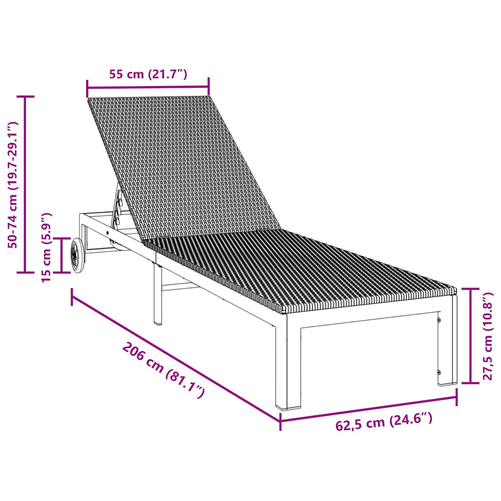 vidaXL Leżak Czarny 206 x 62.5 x 74 cm polirattan