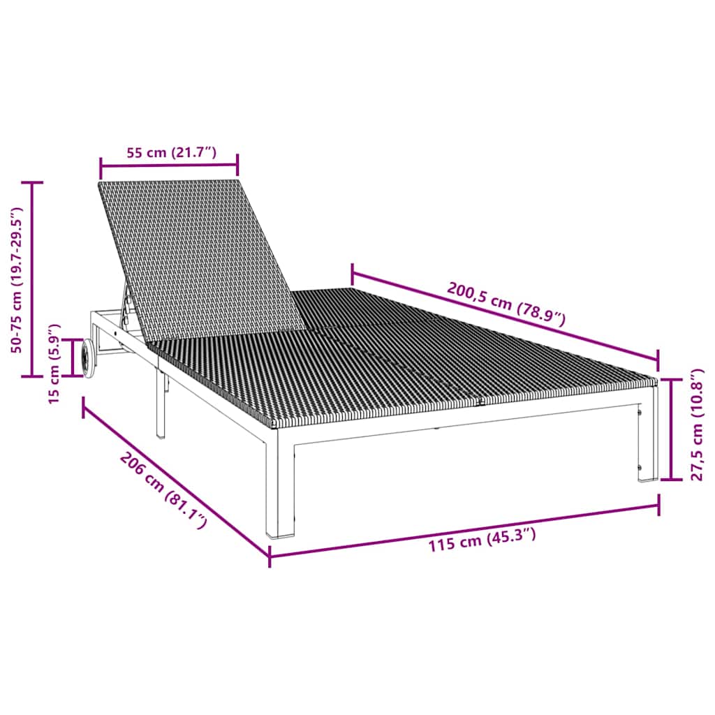 vidaXL Leżak Czarny 206 x 115 x 75 cm polirattan