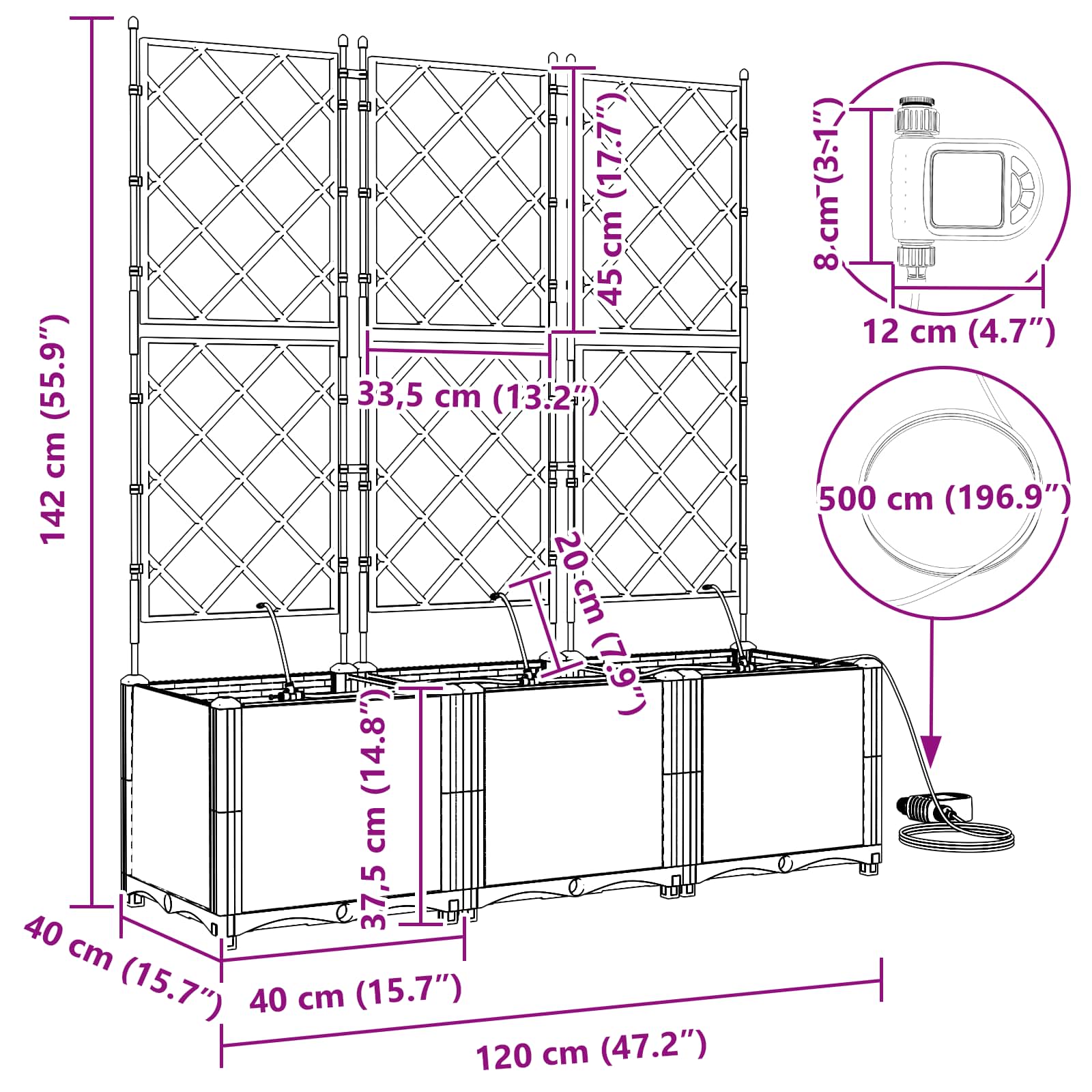 vidaXL Doniczka ogrodowa 3 pcs Szary 120 x 40 x 142 cm