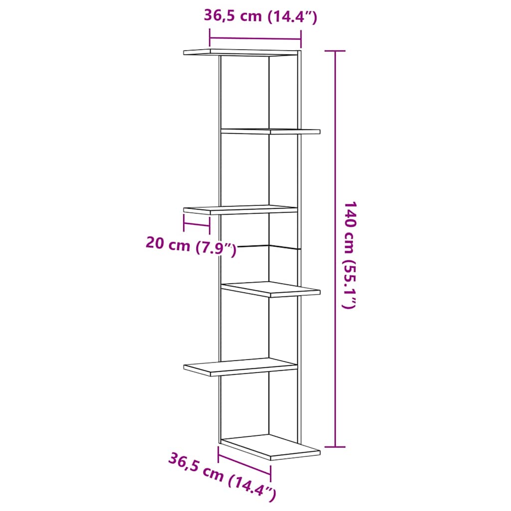 vidaXL Półka Kątowa na Ścianę z półką Czarny Dąb 36.5 x 36.5 x 140 cm