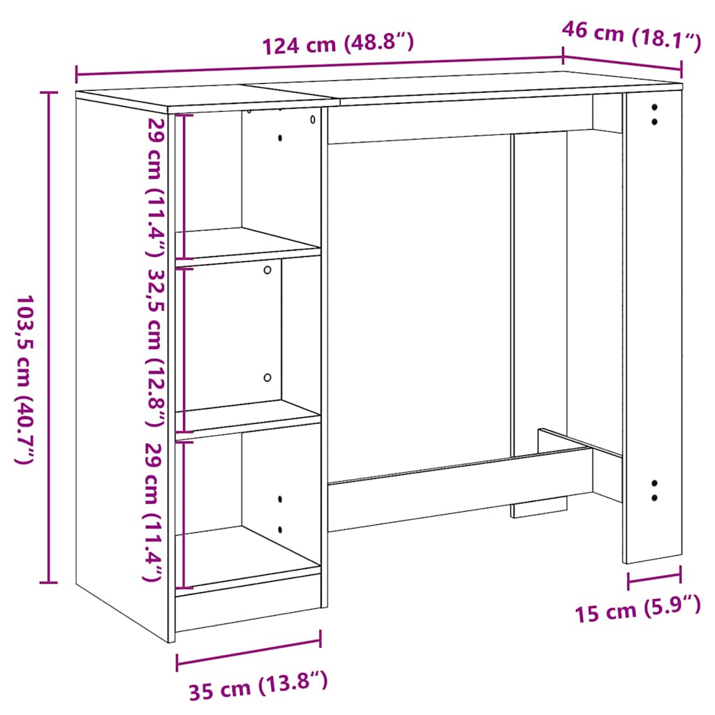 vidaXL Stół barowy z półką Czarny Dąb 124 x 46 x 103.5 cm