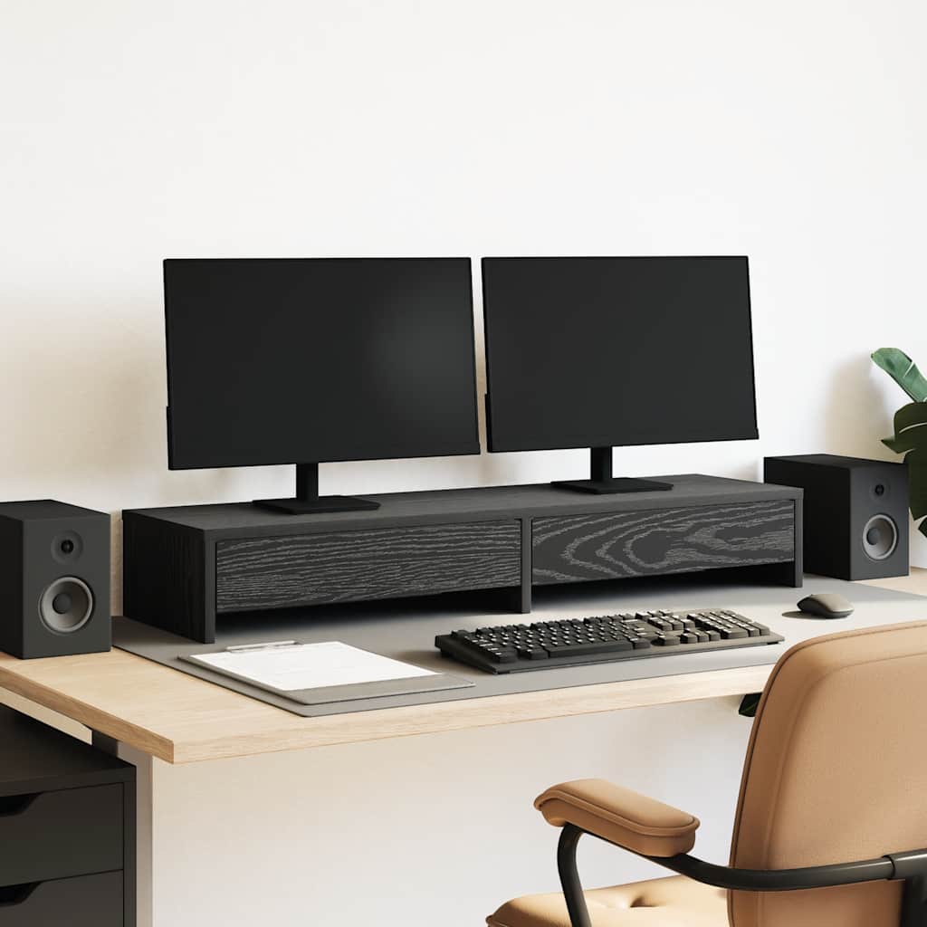 vidaXL Podstawka pod monitor, z szufladami, czarny dąb, 100x27x15 cm
