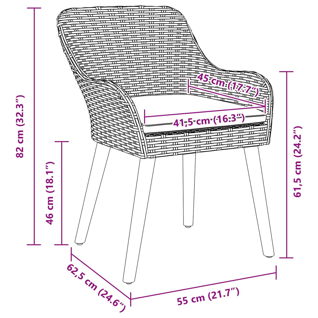 vidaXL Krzesło Ogrodowe 2 pcs Czarny 62,5 x 55 x 82 cm polirattan