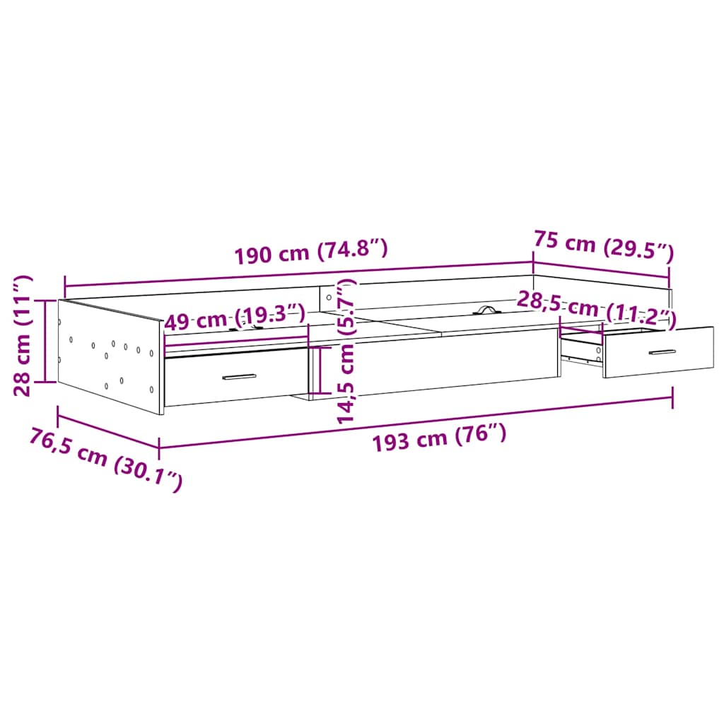 vidaXL Ramka łóżka Stare drewno 75 x 190 cm Materiał drewnopochodny