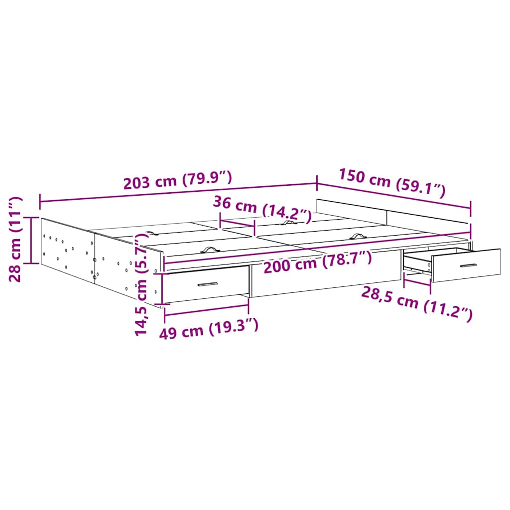 vidaXL Rama łóżka z miejscem na przechowywanie Czarny Dąb 150 x 200 cm