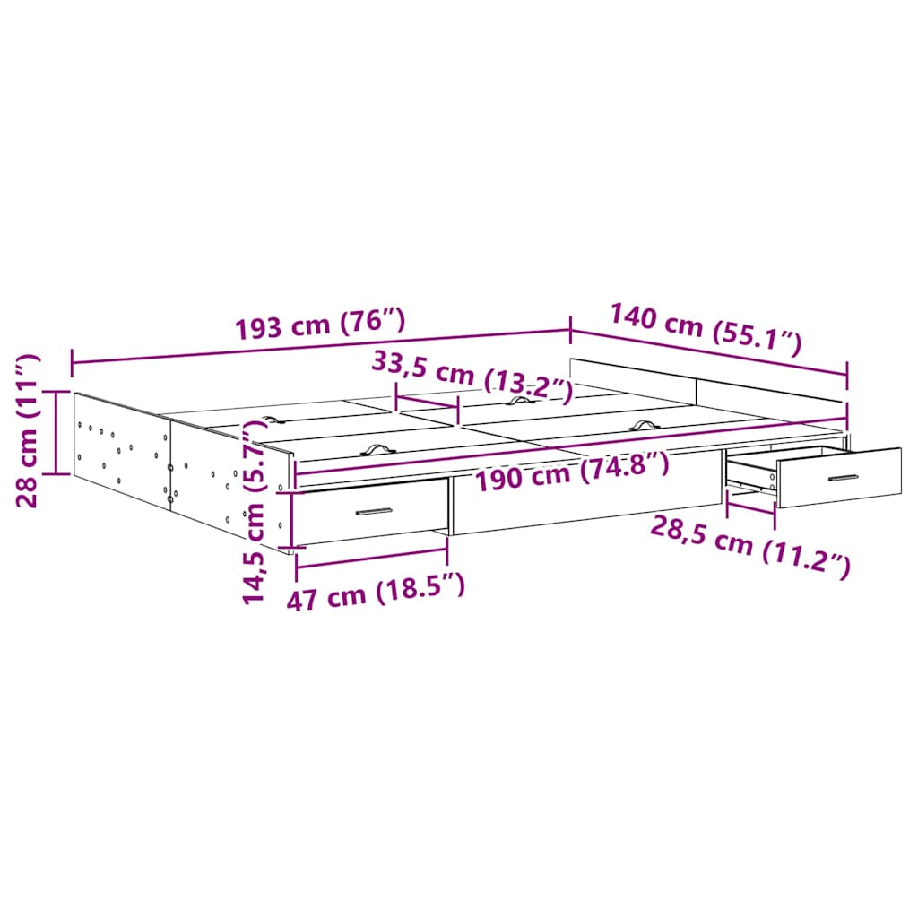 vidaXL Rama łóżka z miejscem na przechowywanie Czarny Dąb 140 x 190 cm