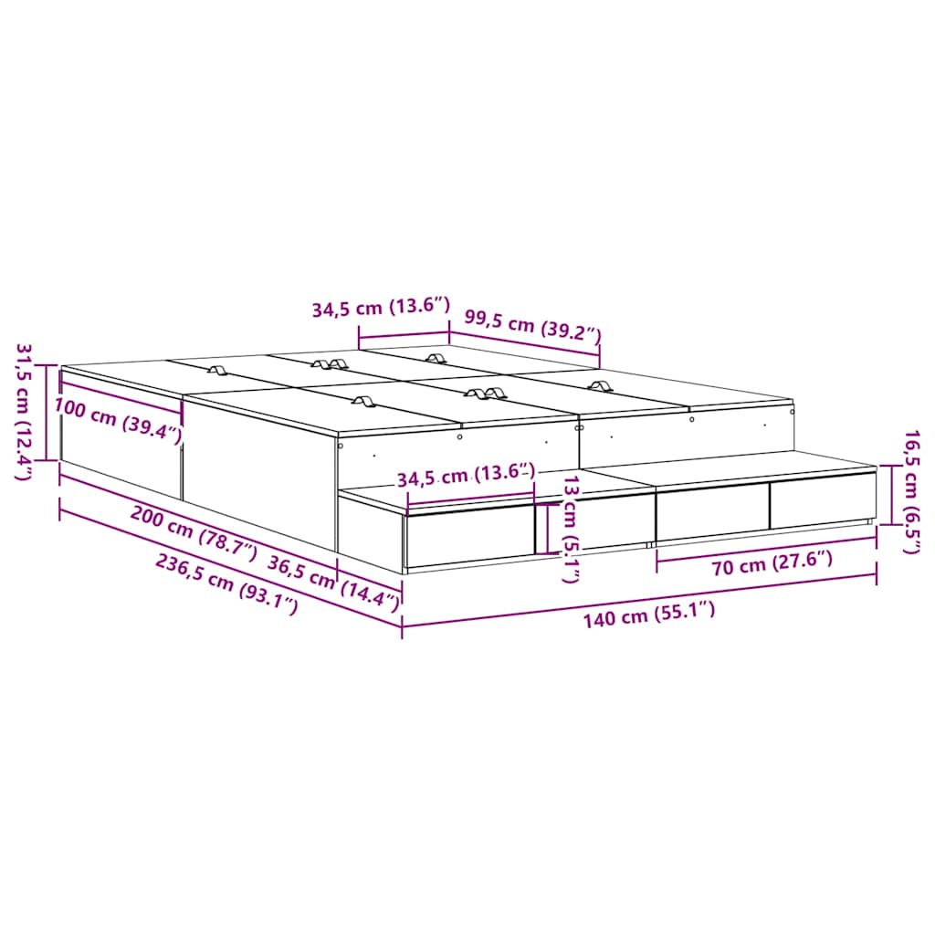 vidaXL Rama łóżka z miejscem na przechowywanie Dąb Sonoma 140 cm