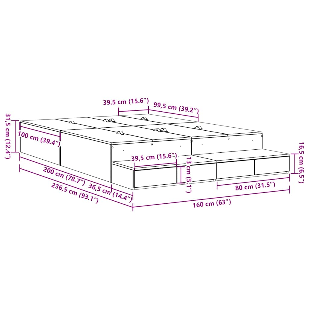vidaXL Rama łóżka z miejscem na przechowywanie Dąb Sonoma 160 cm