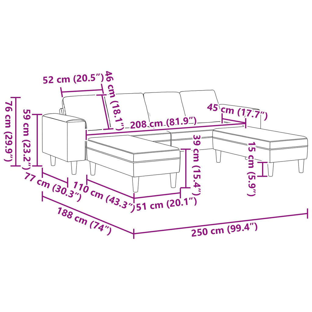 vidaXL Sofa do salonu 3 pcs Czerwone wino 250 x 188 x 76 cm