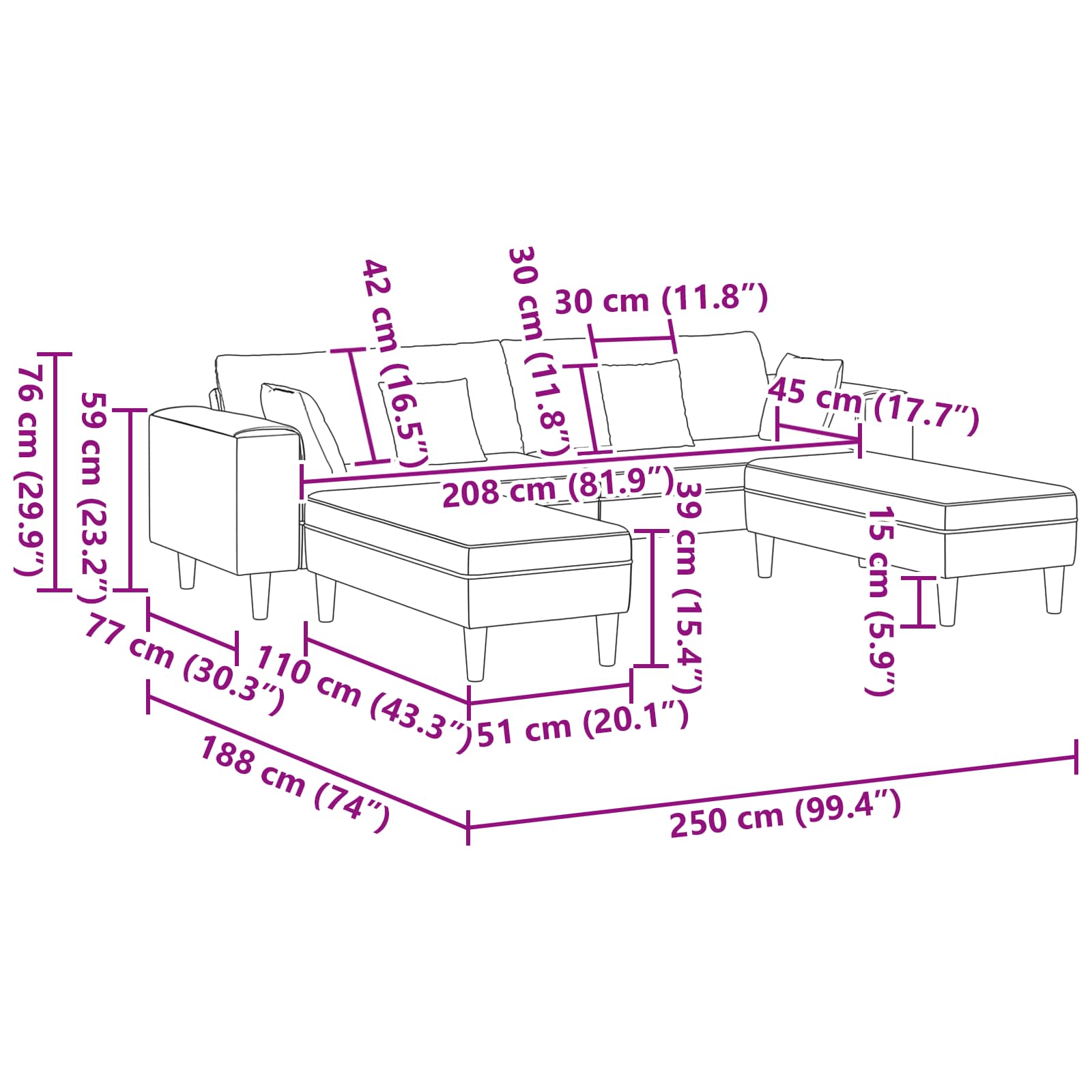 vidaXL Sofa 3 pcs Ciemna zieleń 250 x 188 x 76 cm Aksamit