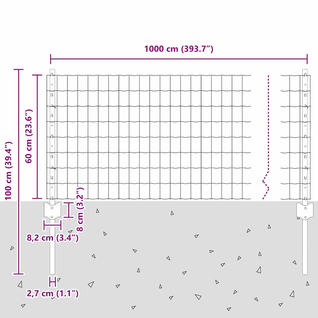 vidaXL Ogrodzenie Euro z słupkiem 10 x 0,6 m Stal pokryta PVC Szary