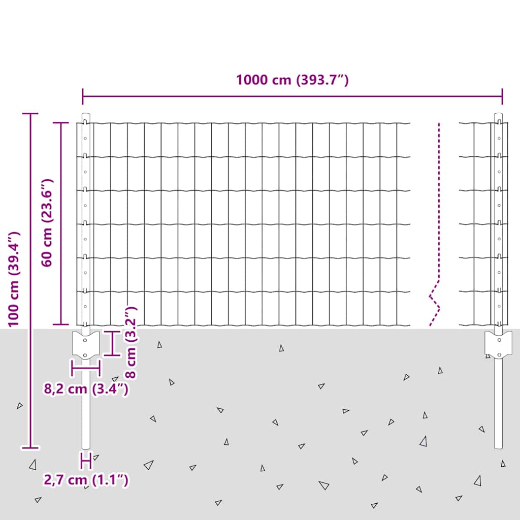 vidaXL Ogrodzenie Euro z słupkiem 10 x 0,6 m Stal pokryta PVC Szary