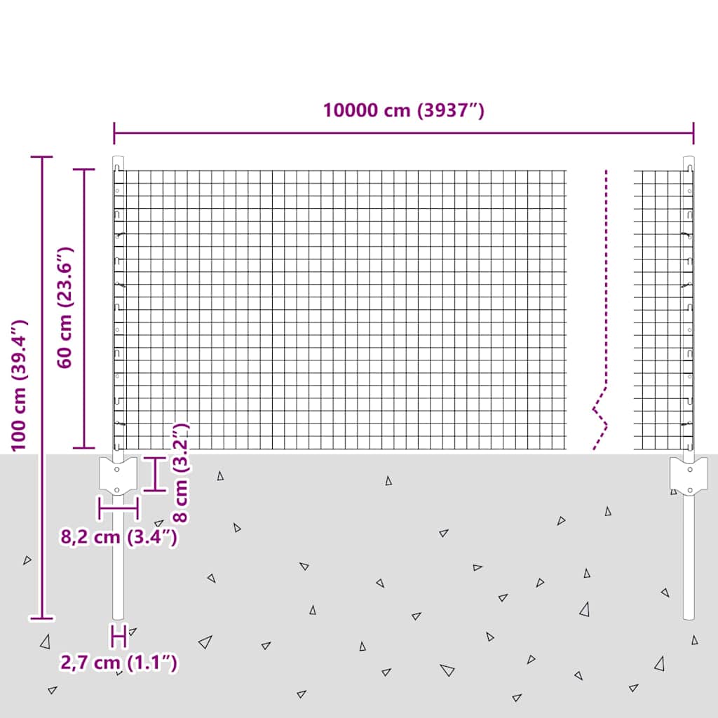 vidaXL Ogrodzenie z drutu spawanego z słupkami 10 x 0,6 m Szary Siatka