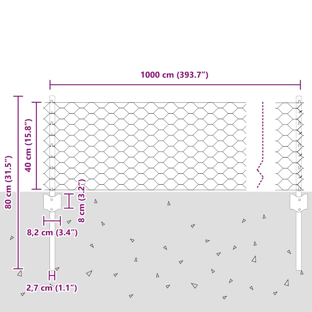 vidaXL Sześciokątne ogrodzenie z słupkiem 10 x 0,4 m Stal pokryta PVC