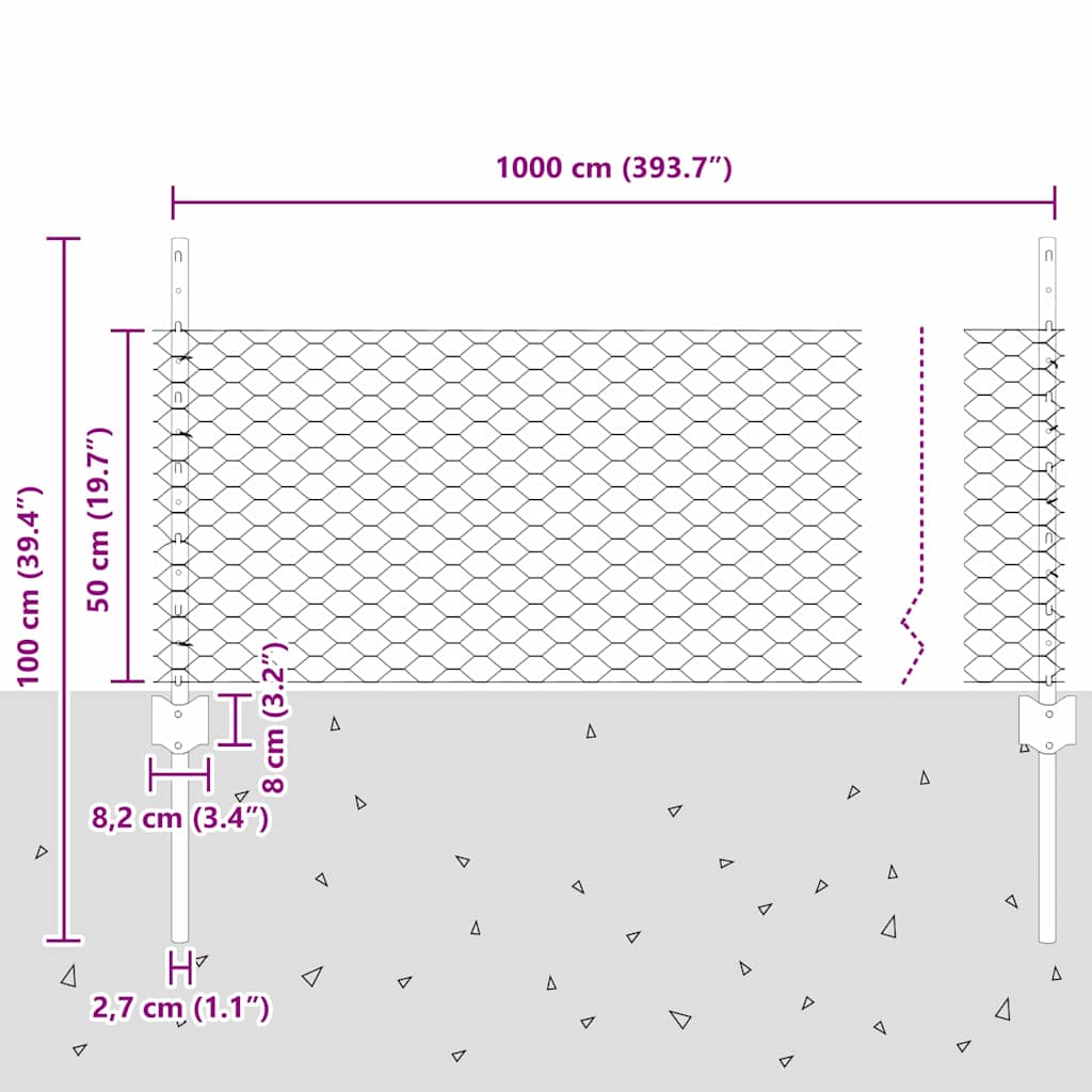 vidaXL Sześciokątne ogrodzenie z słupkiem 10 x 0,5 m Stal pokryta PVC
