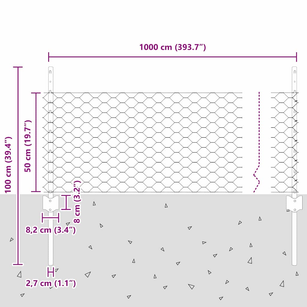 vidaXL Sześciokątne ogrodzenie z słupkiem 10 x 0,5 m Stal pokryta PVC