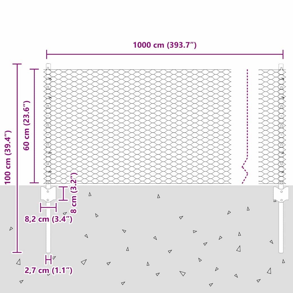 vidaXL Sześciokątne ogrodzenie z słupkiem 10 x 0,6 m Stal pokryta PVC